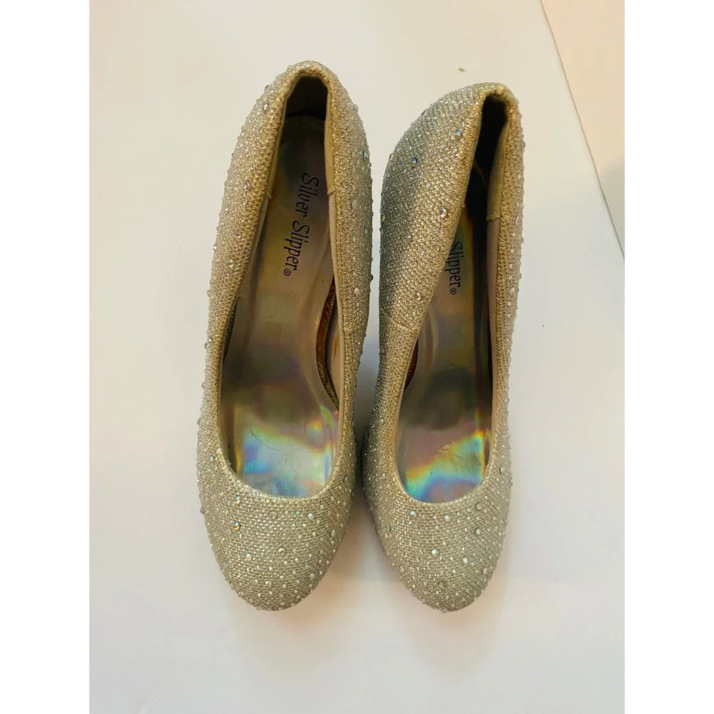 Silver Slipper Champagne Gold Glitter Rhinestone Platform Pumps Stiletto 9w